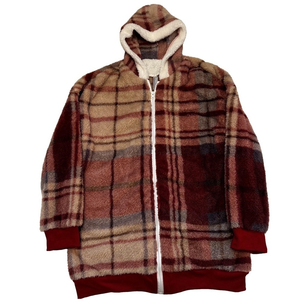 Noracora Women Casual Winter Plaid Hoodie Teddy Jacket Shacket Size Small NEW